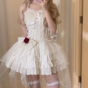White summer lolita JSK dress with spaghetti straps and detachable tulle train front view