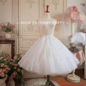 White extreme fluffy A-line petticoat 60cm front three-quarter view on dress mannequin, showing four-layer organza construction and volume, vintage floral studio setting
