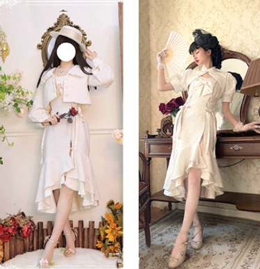 White fishtail Lolita jumper skirt with adjustable chest bow and ruffled hem, front full-body standing view demonstrating elegant silhouette and quality construction