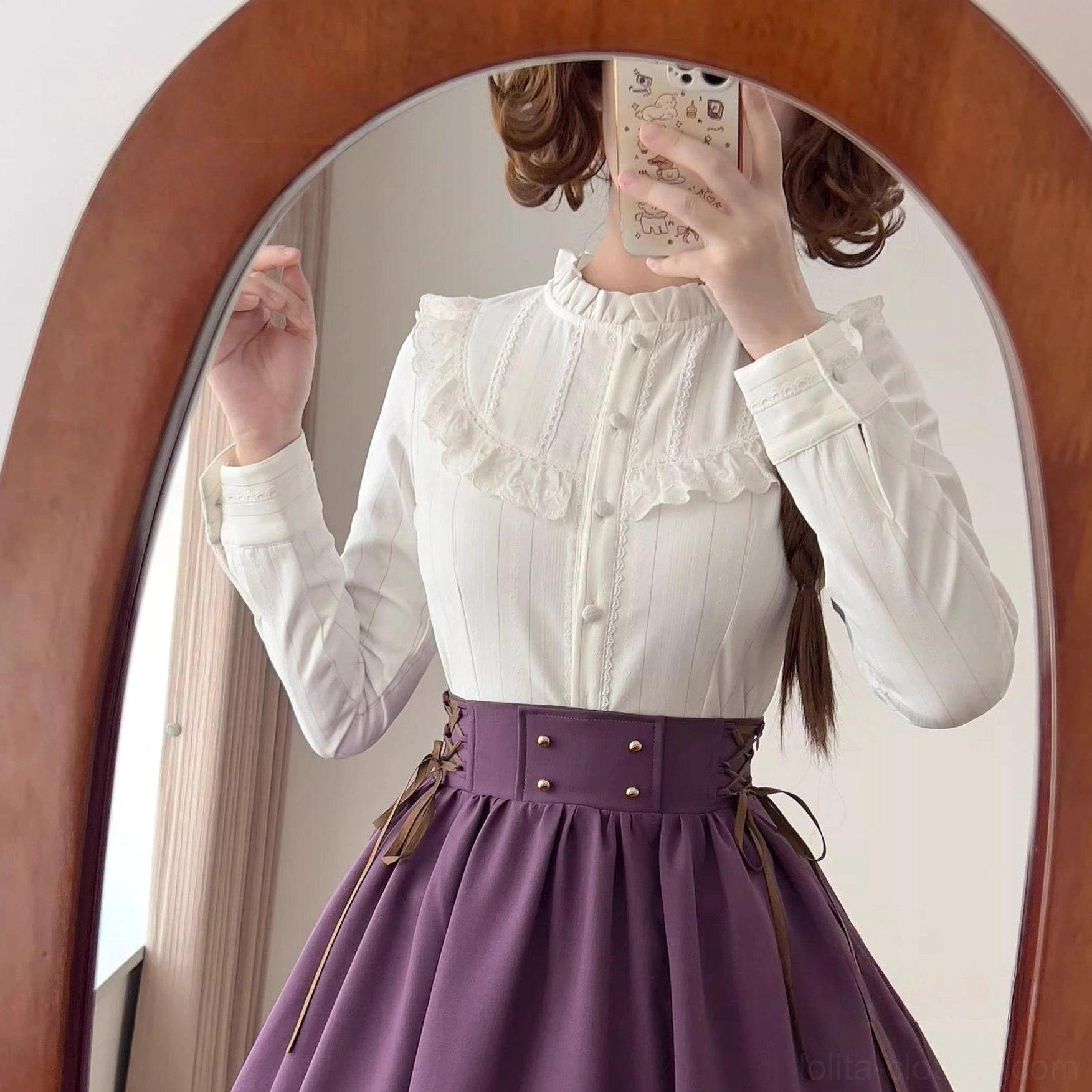 White fleece lolita long-sleeve blouse with ruffled stand collar and buttoned cuffs worn with purple lace-up high-waist skirt selfie mirror view
