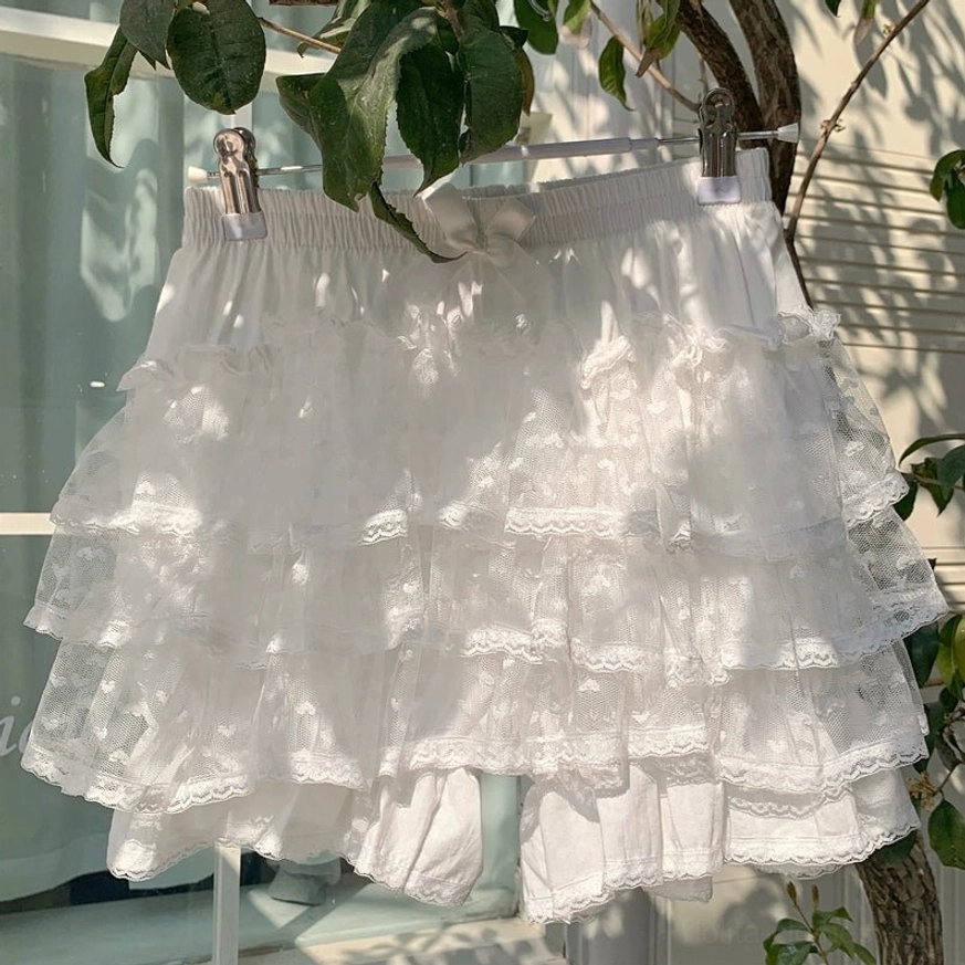 White multi-layered floral Lolita bloomer ruffled shorts pure cotton breathable summer wear sweet lolita complete coordinate