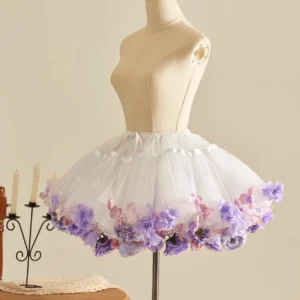 white organza floral lolita petticoat with purple gradient artificial flower hem trim front display studio shot