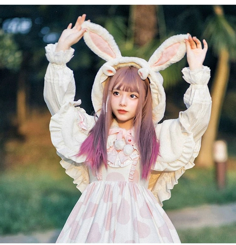 White fluffy rabbit ear hood Lolita cape front view model raised arms rabbit-ear hood oversized ruffled sleeves outdoor park