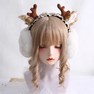 white foldable antler earmuffs lolita kawaii headband front overhead blonde curly wig mannequin