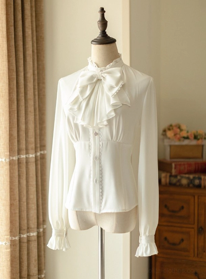 White French ruffled long-sleeve blouse with detachable jabot bow, frill collar front button closure, elegant vintage lolita coordinate piece