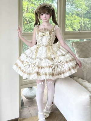 White and gold elegant lolita jumper dress full body side-front view with cascading tiered ruffles gold lace edges and matching white stockings