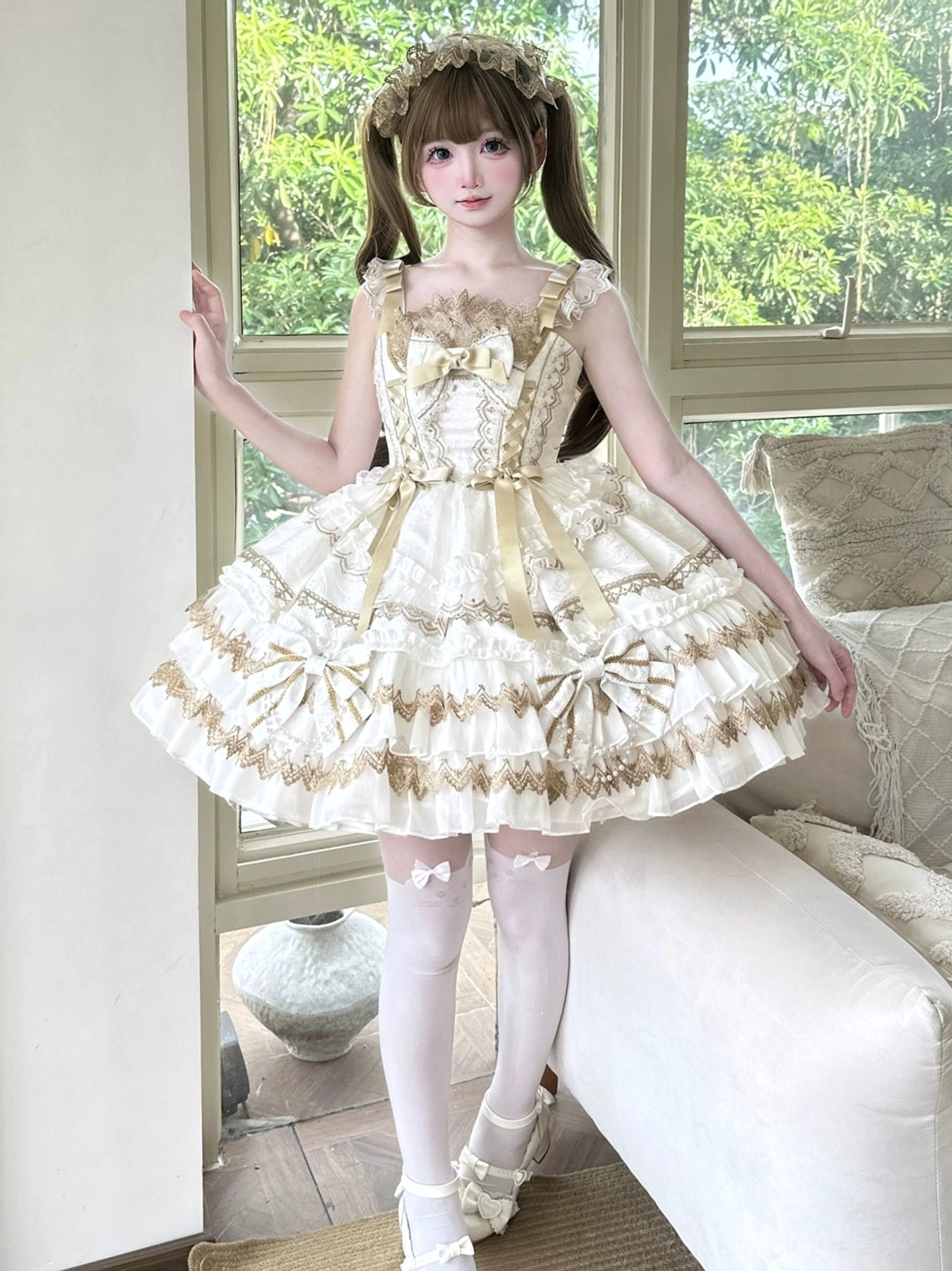 White and gold elegant lolita jumper dress full body side-front view with cascading tiered ruffles gold lace edges and matching white stockings