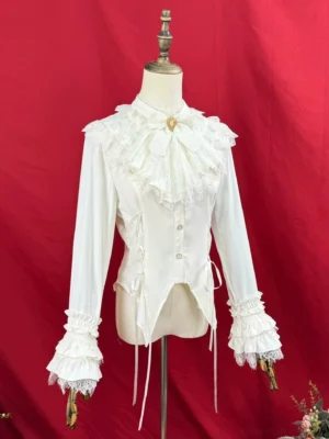 Milky-white Gothic Lolita long-sleeve blouse with heart-shaped collar brooch curved asymmetrical hem front mannequin