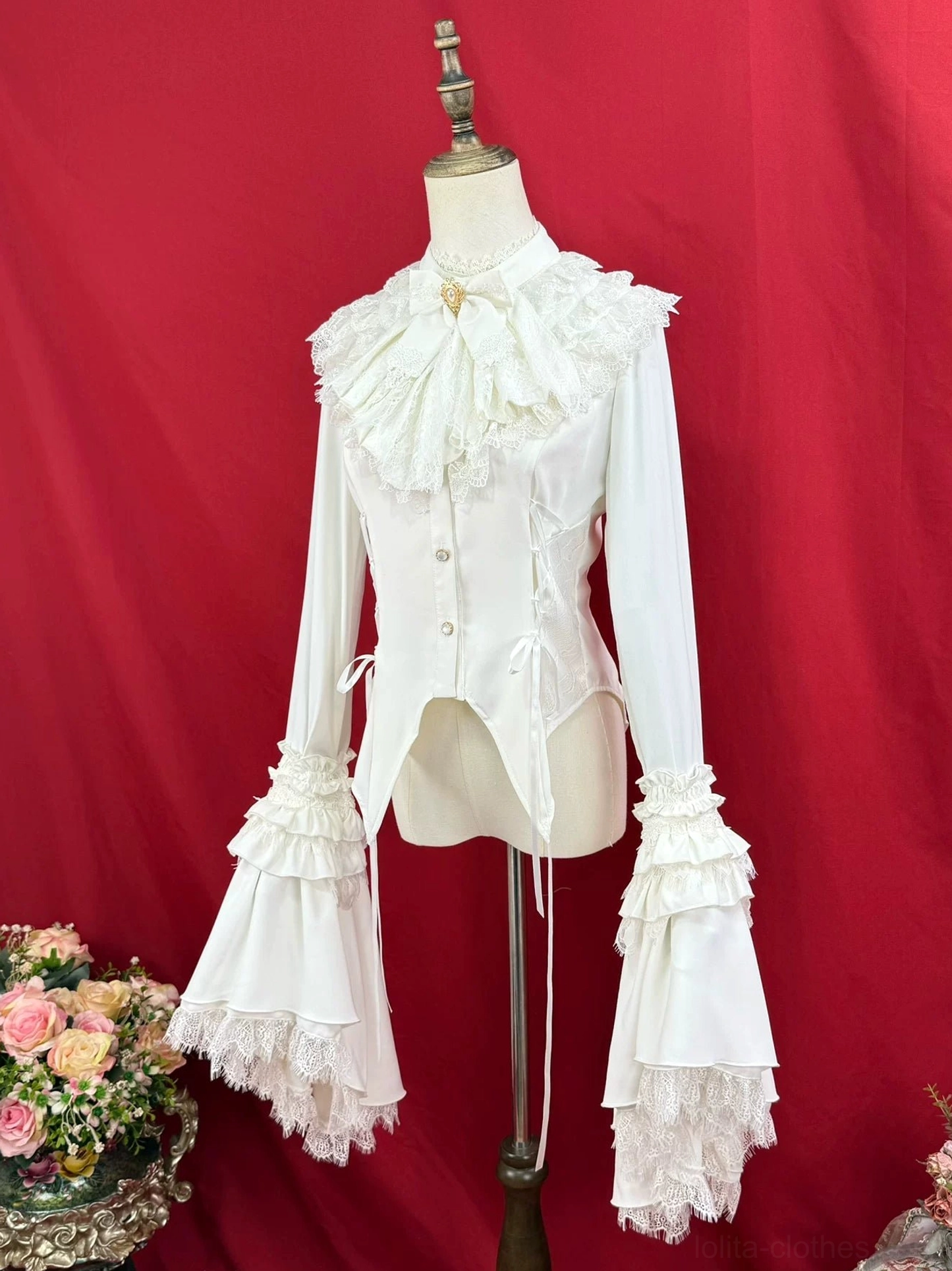 White Gothic Lolita blouse single-layer large ruffled bell sleeves lace jabot asymmetrical hem brooch