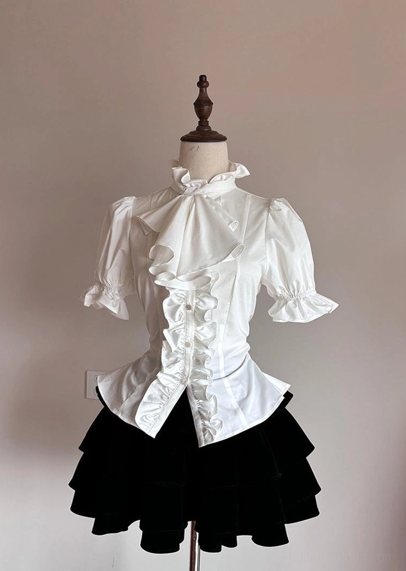 Front flat display of white Gothic Lolita short-sleeved ruffled blouse with layered front ruffle trim and puffed short sleeves on mannequin