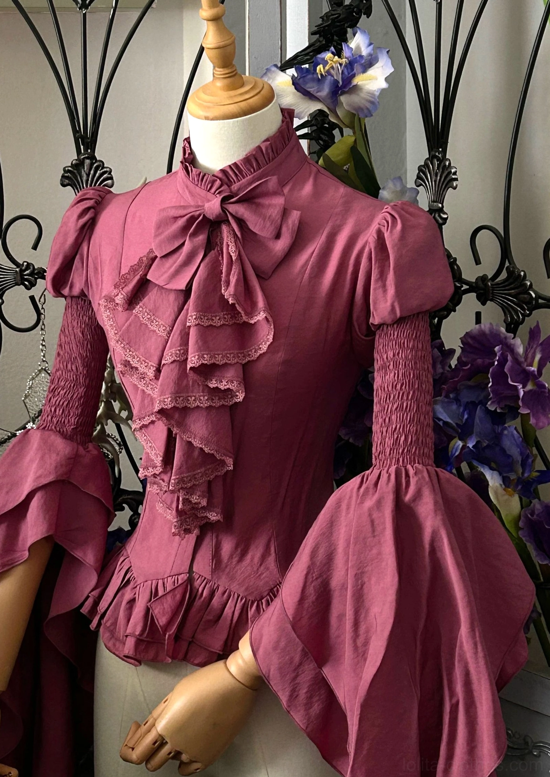 Gothic Lolita blouse white tencel variant front view dress form stand collar pleated jabot detachable chest bow layered hem modesty