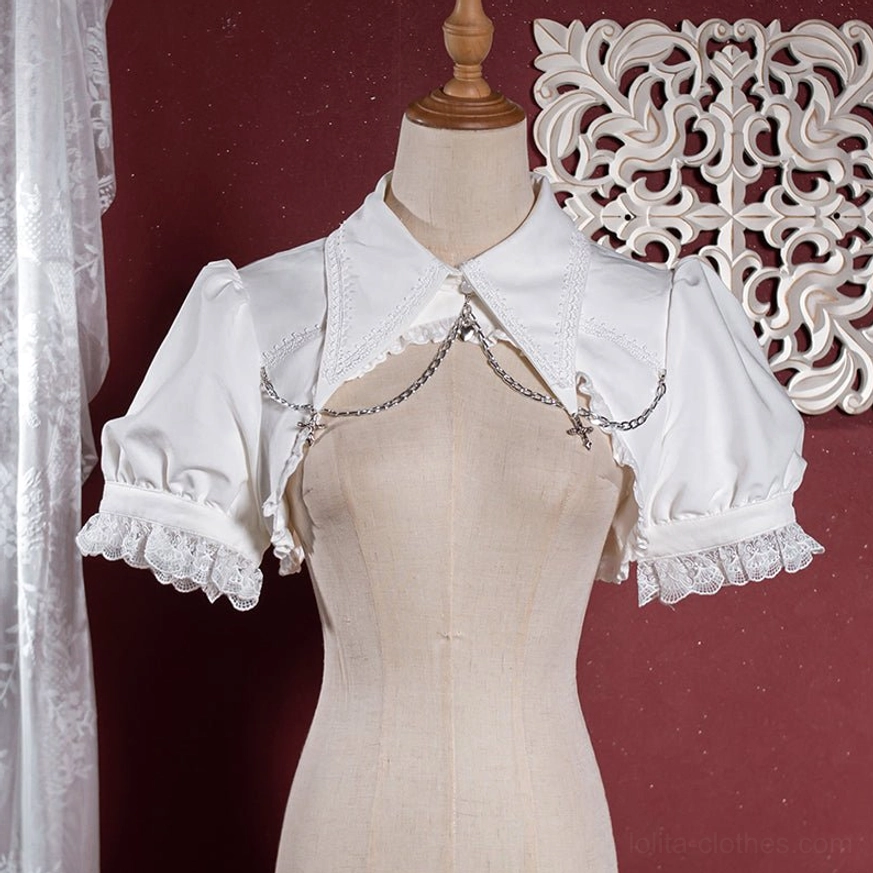 Pure white gothic lolita bolero with wide lace trim and double metal chain front pendant detail