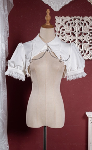 White gothic lolita cropped bubble bolero with puff sleeves lace trim metal chain chest decoration wide lapel collar front flat display vintage decor background