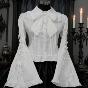 White gothic lolita cotton blouse front full view with oversized bow tie pearl button closure ruffled collar and bell sleeves featuring lace-up adjustable details