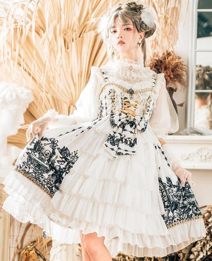 White Gothic Lolita JSK Dress three-quarter front view with stand collar blouse, court-style silhouette, and elaborate printed patterns