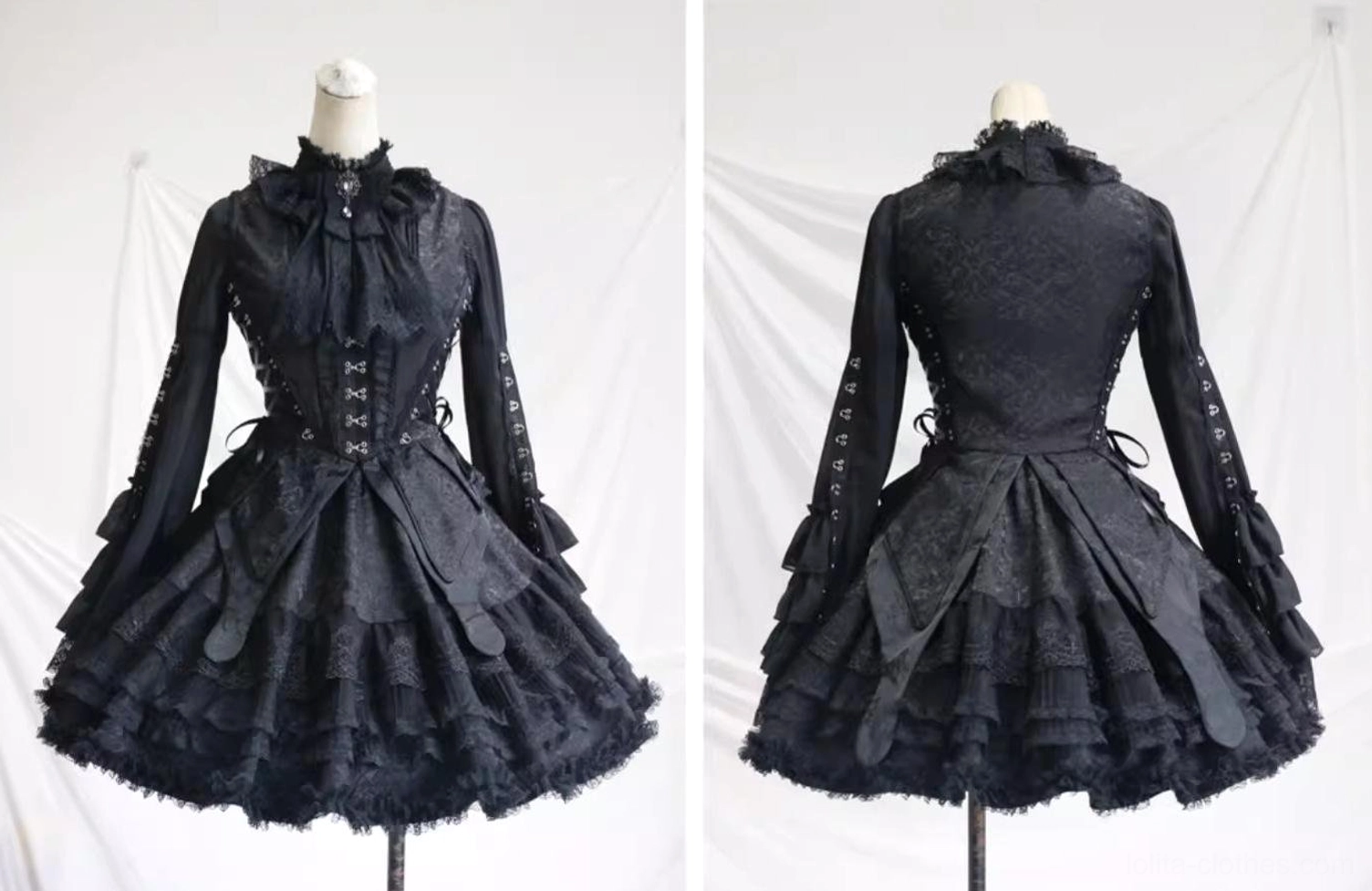 White gothic lolita long skirt variant featuring white tiered construction, elastic waist drawstring design, layered lace hemline with 360-degree ruffles, and elegant monochrome aesthetic