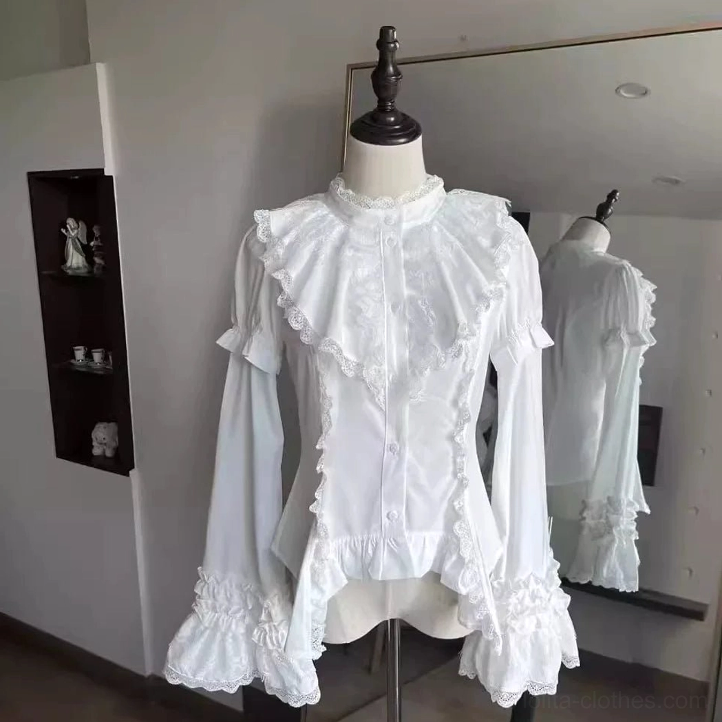 White gothic lolita long-sleeve blouse with oversized detachable flared ruffled cuffs and lace jabot collar