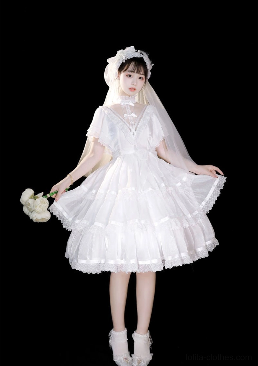 white gothic lolita one-piece dress full body front view bridal aesthetic dark background