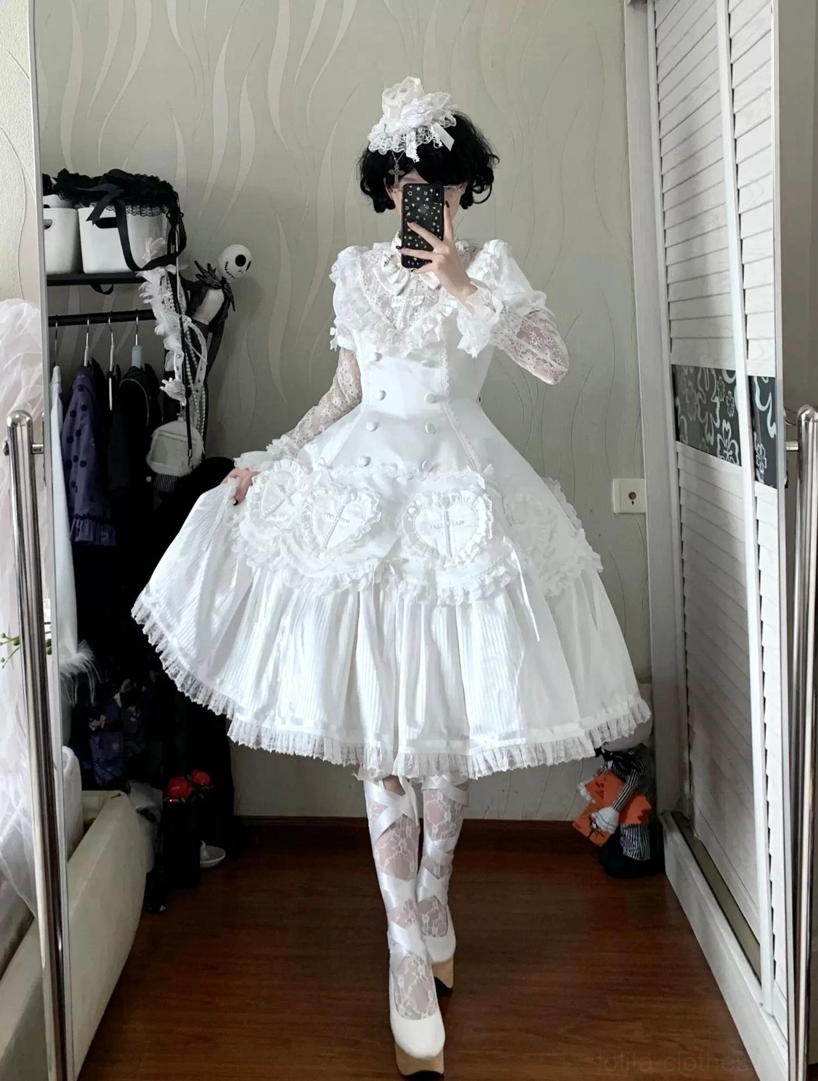 White Gothic Lolita OP dress full-length mirror selfie with patterned stockings platform Mary Jane heels heart-shaped lace skirt details
