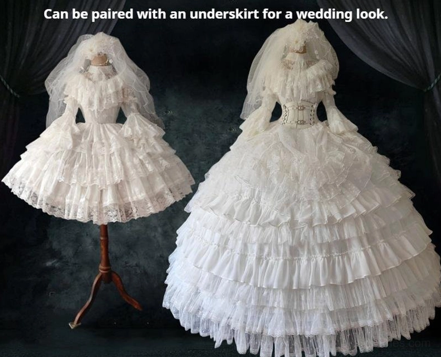 White Gothic Wedding Lolita OP Dresses short and long length options side-by-side comparison against dark velvet curtain backdrop showing silhouette variations
