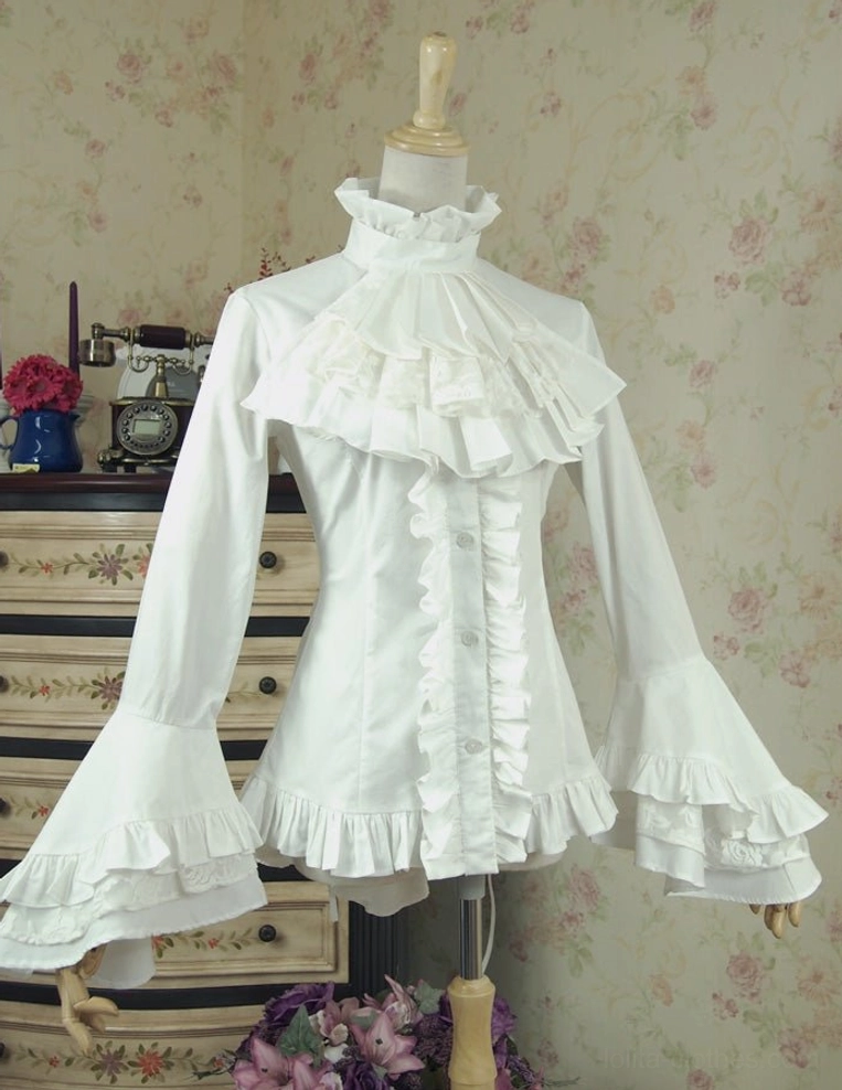 White gothic lolita ruffled blouse dress form front full view, layered stand collar ruffled placket flared sleeves, model specs 170cm bust 80cm size S