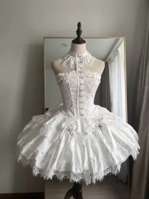 White gothic lolita strapless corset skirt set front display, showcasing stand collar design with metal hook closure, fishbone corset structure, and embellished double-layer flared skirt with ribbon bows and cross ornaments