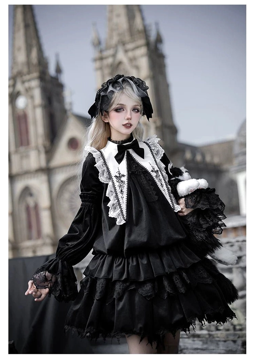 White velvet gothic lolita one-piece dress showing full ruffled skirt volume and layered tiered construction perfect for traditional lolita silhouette