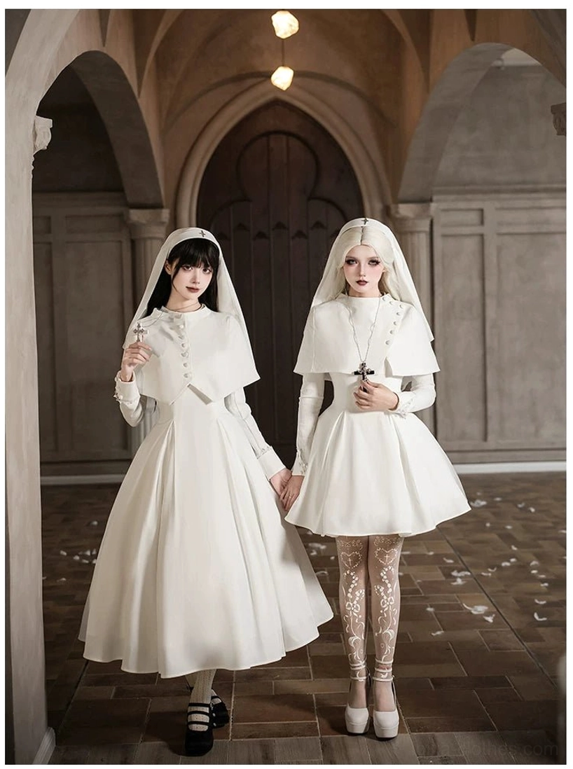 White gothic nun lolita OP dress midi length arched church hallway two models lace stockings lolita fashion