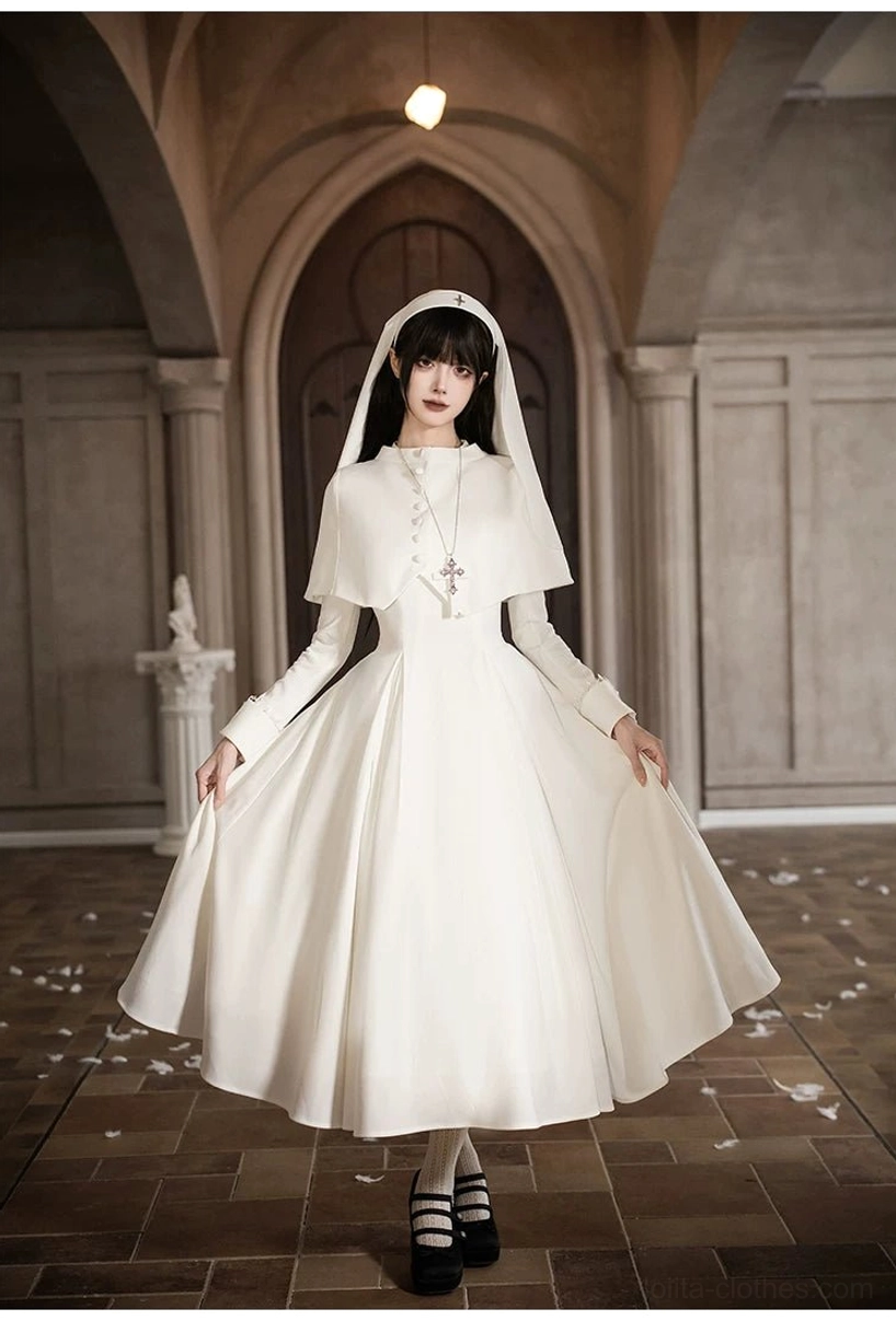 White gothic nun lolita OP dress full-length closed nun headdress stone church hallway cross pendant long sleeves