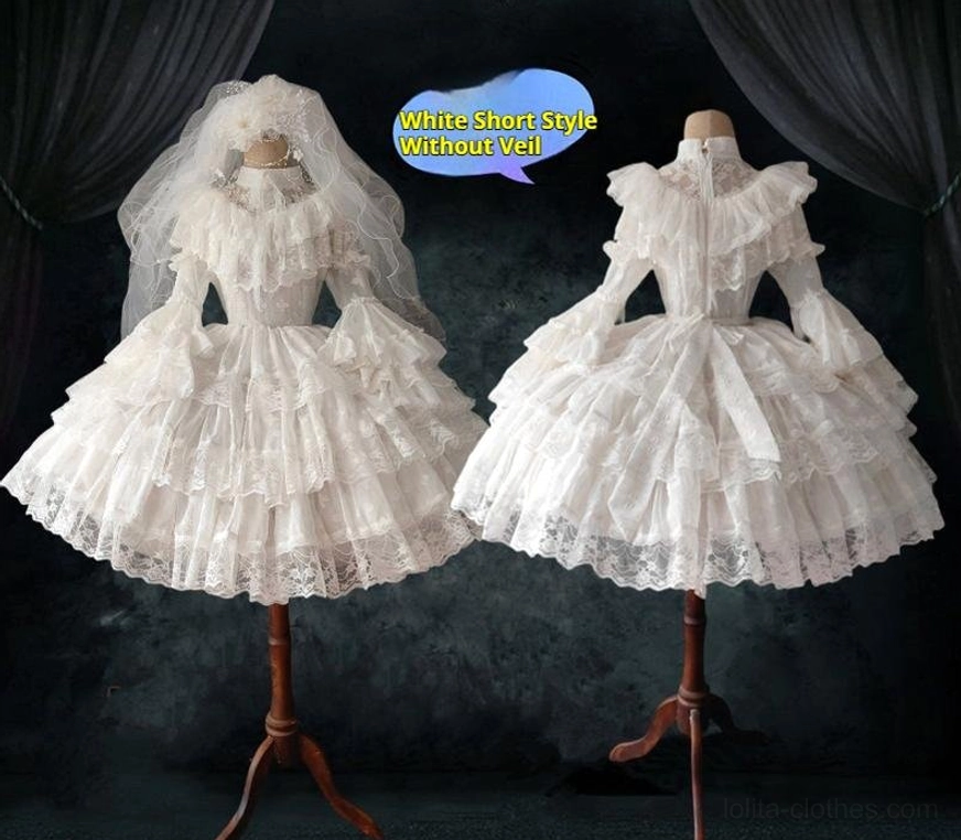 White Short Style Gothic Wedding Lolita OP Dress full front view without veil on mannequins showing multi-layer ruffled tulle skirt with lace hem trims
