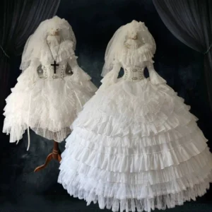 White Gothic Wedding Lolita One-Piece Dress long style front view displayed on mannequin with layered tulle ruffled skirt and lace details against dark velvet backdrop