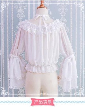 White off-shoulder halter lolita blouse back view displaying tie-back halter strap flowy chiffon sleeves ruffled lace neck trim on vintage damask background
