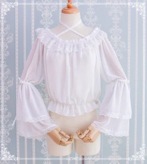 White halter neck chiffon lolita blouse front three-quarter view showing crossover halter strap ruffled lace collar double-layer flared sleeves on dress mannequin