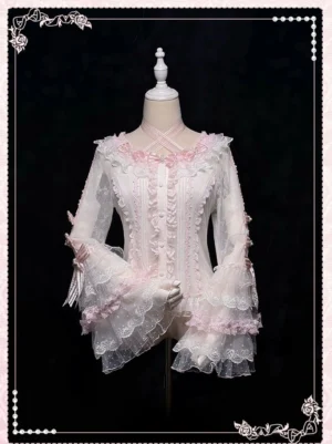 White hime-sleeve lace sweet lolita blouse front view with cross halter neckline and ruffled layered bell sleeves displayed on mannequin