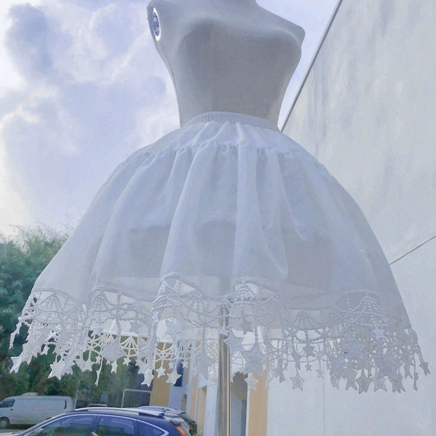 White fluffy Lolita hoop petticoat A-line silhouette delicate star lace decoration side view outdoor