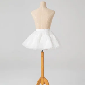 White hoopless lolita petticoat rear full view on dress form stand, compact fluffy silhouette with gathered waist detail