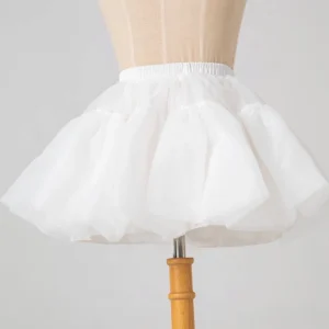 White hoopless lolita petticoat front close-up overhead view on dress form, fluffy tulle skirt design with elastic waistband