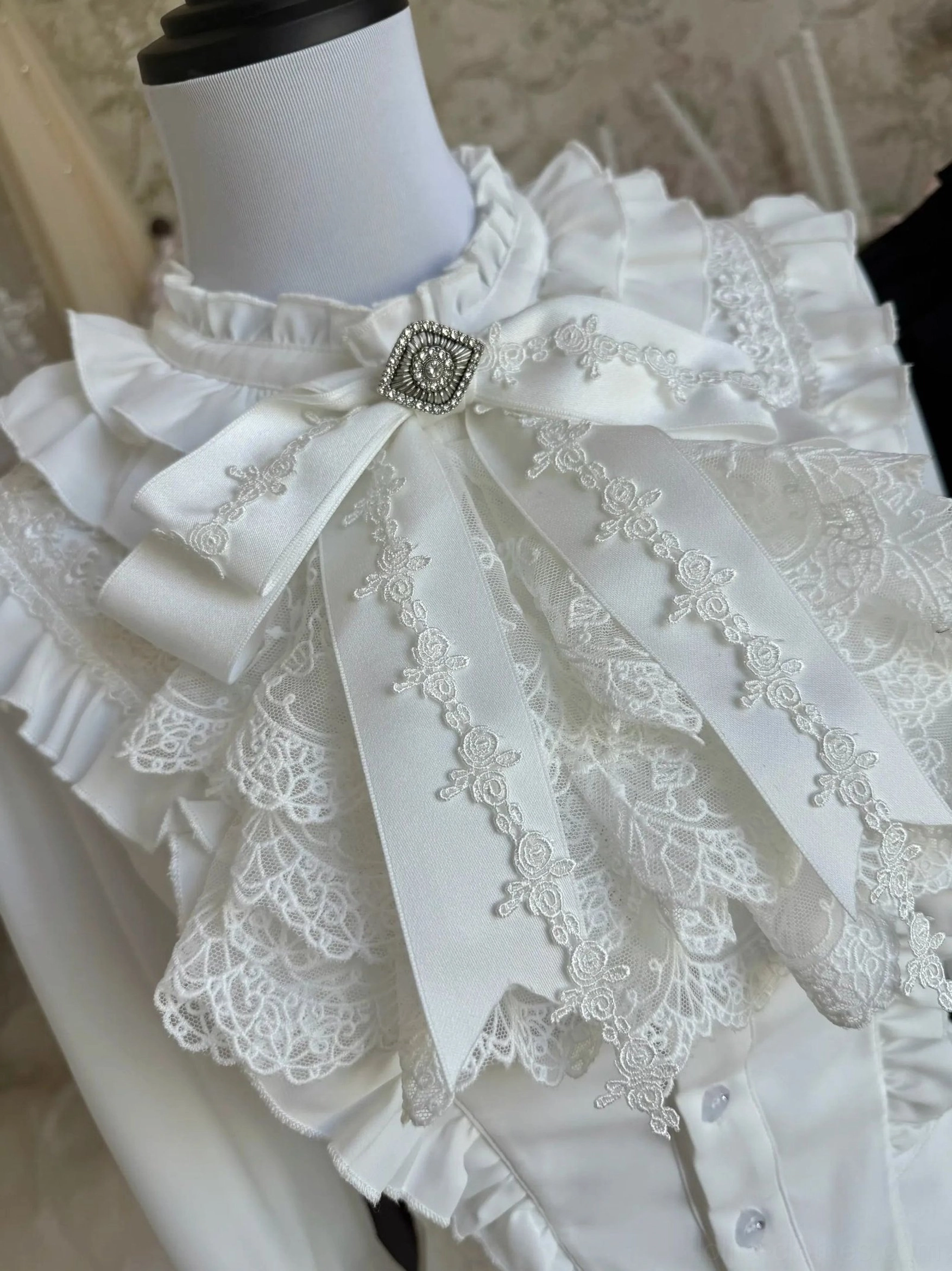 White jabot neck ruffle accessory for gothic lolita stained glass print blouse complement separate purchase