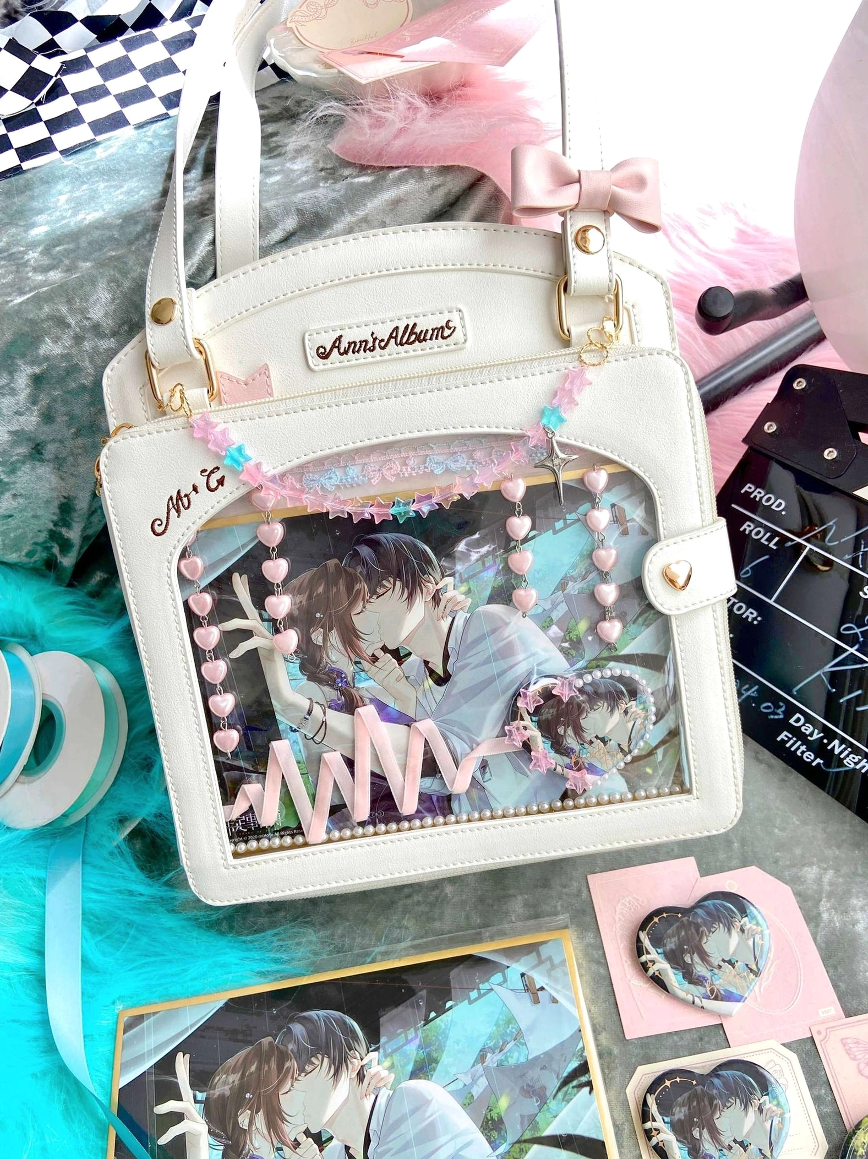 White kawaii lolita checkered itabag in stock anime card display pastel sweet coordinate ready ship shoulder bag