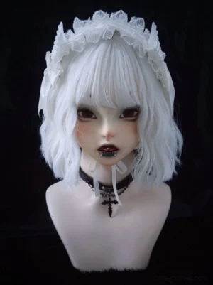 White lace angel wings lolita hairband front direct view on BJD model with cross pendant choker and gothic makeup, full lace trim coverage visible