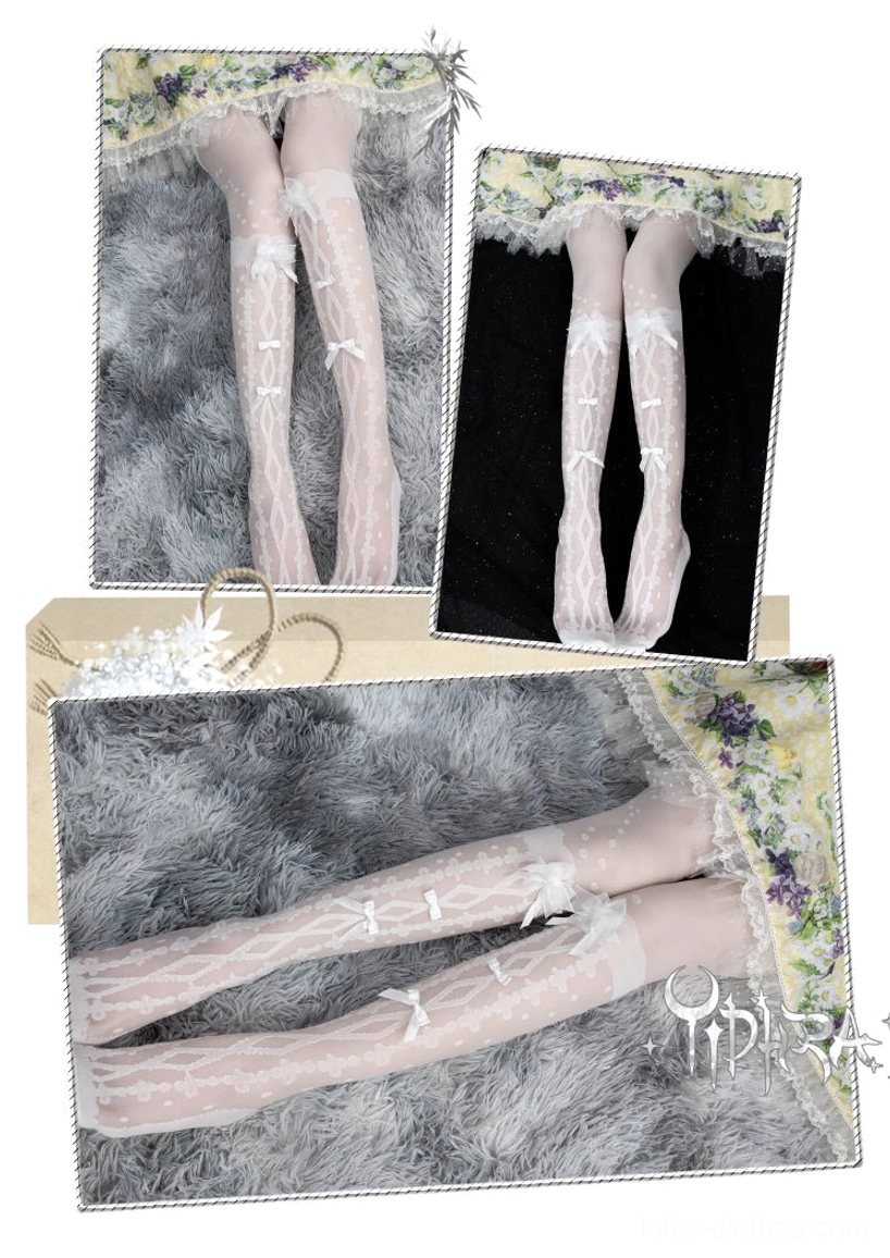 White lace bow lolita stockings rhombus lace pattern tiny bow accents sheer lightweight fabric multiple flat lay close-up display views
