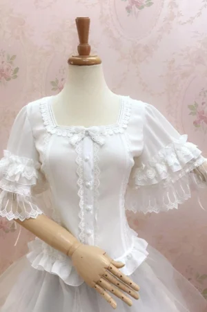 White summer lace princess lolita short sleeve blouse with square neckline and detachable bow full front view on dress mannequin