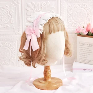 White ruffled lace Lolita hairband with pink satin bow without cat ears elegant design on mannequin head