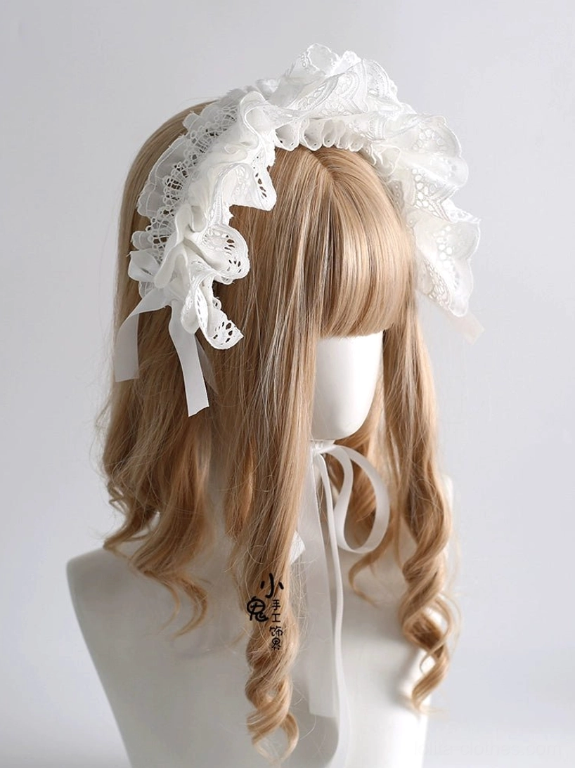 Front right three-quarter angle of white lace lolita hairband displaying dainty frilled headband structure and adjustable neck ribbon tie