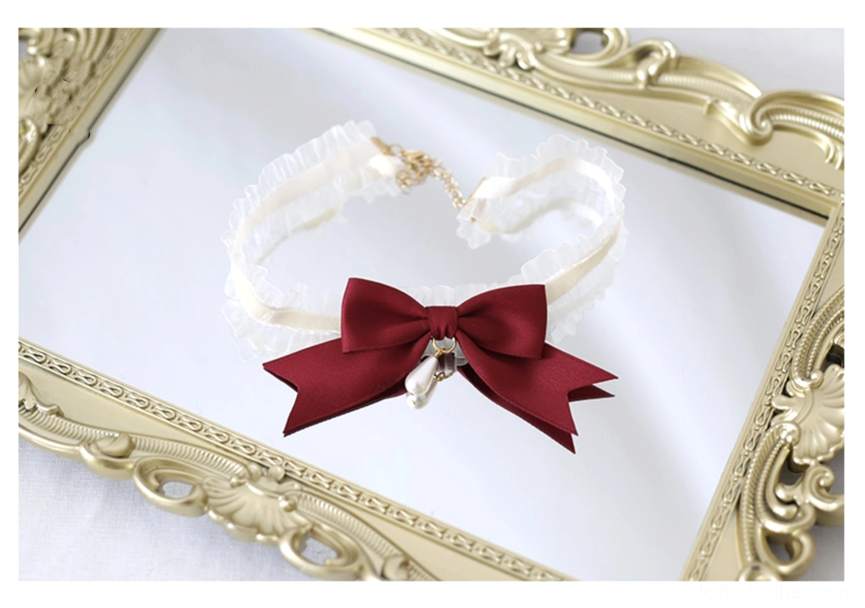 Delicate white lace lolita necklace accessory with wine-red accents finishing piece for complete lolita coordinate Victorian-inspired elegance