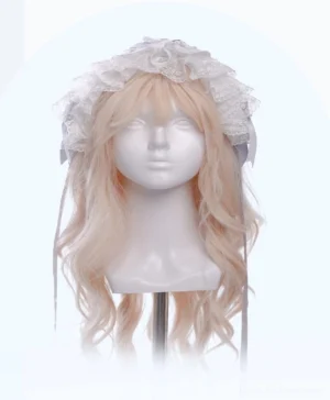 White ruffled lace sweet Lolita hairband with delicate ribbon ties and light blue satin side bows, displayed on blonde wig mannequin head for hairstyle styling reference