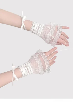 white-layered-lace-ballet-lolita-wrist-cuffs-close-up-flat-lay-on-model-arms-multi-layer-mesh-satin-ribbon-ties