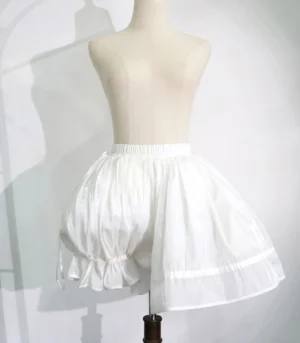 White lolita bloomer petticoat with sheer organza fabric and fluffy puffball silhouette with ribbon-trimmed ruffles