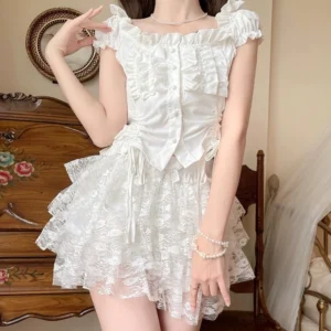 Victorian-inspired white lace safety shorts three-quarter side view showing adjustable drawstring waist and sheer floral lace overlay design with pearl bracelet accessory