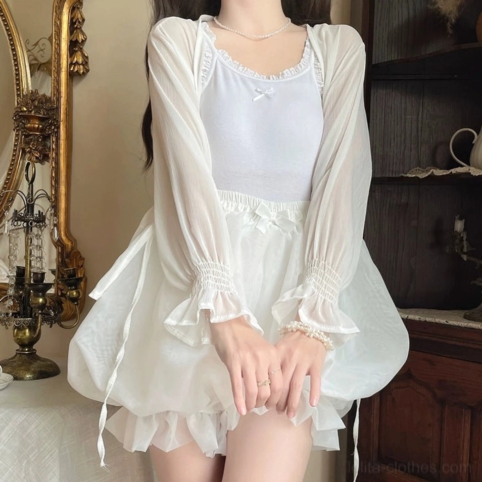 White organza lolita bloomers matching set with sheer cardigan display showing ruffled cuffs elasticated waist decorative bow and puffy hem